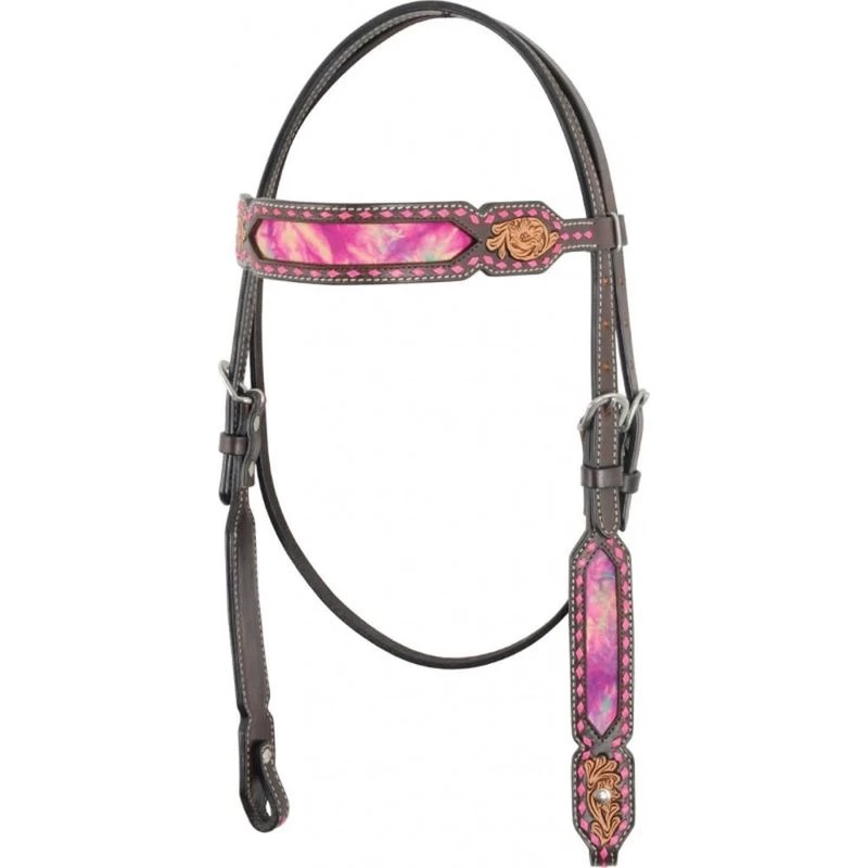 Western Rawhide Country Legend Tie Dye Browband Headstall/Pink - Dark Brown/Pink