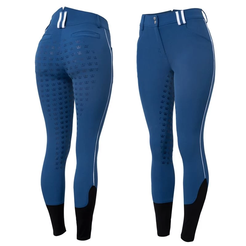 Horze Women's High Waist Full Seat Breeches W/Silicone Piping - Strong Blue